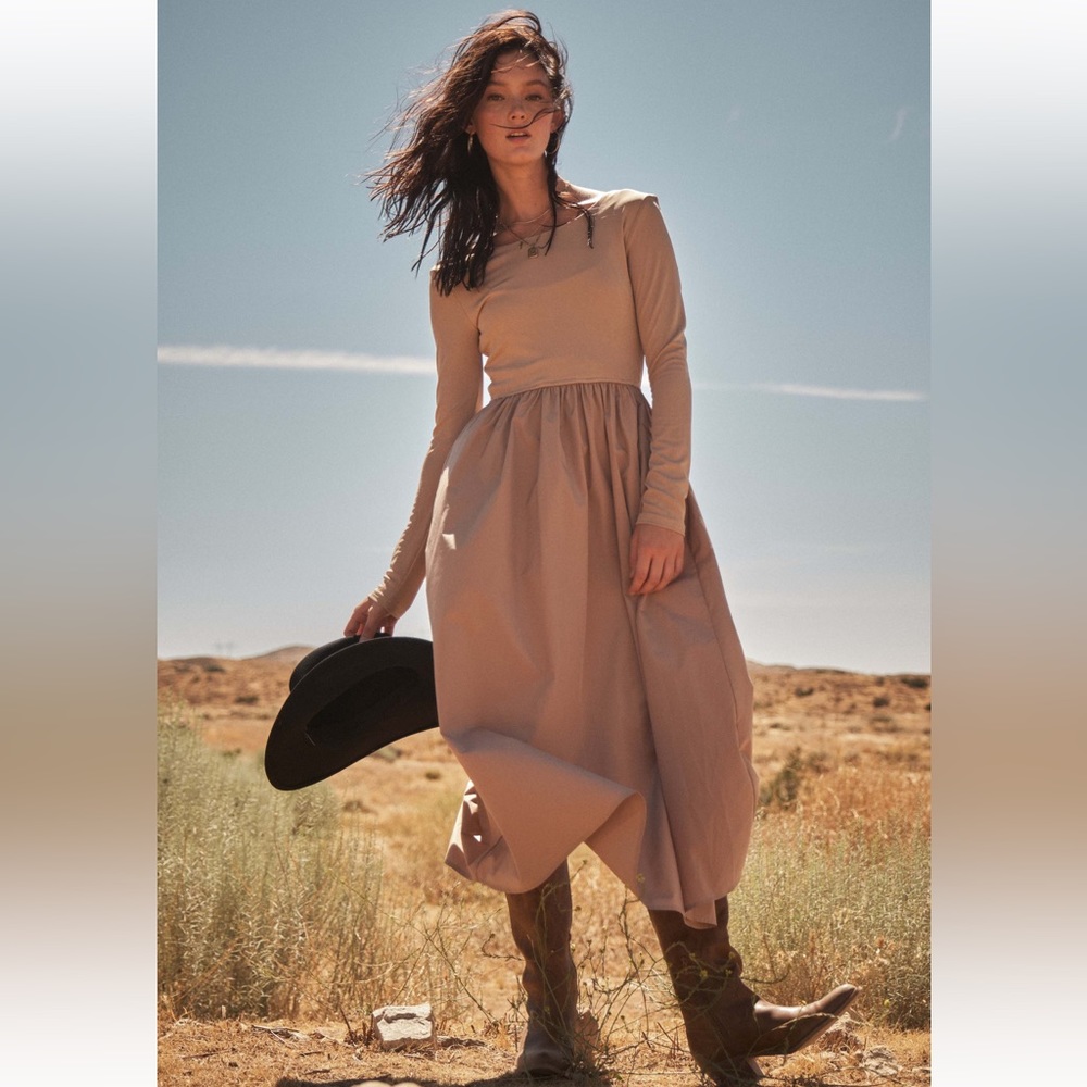 Boho Contrast Fabric Long Sleeve Midi Dress